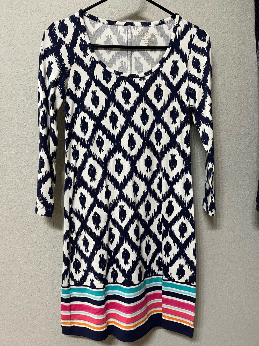 Striped Hem Navy & White Patterned Women's Dress